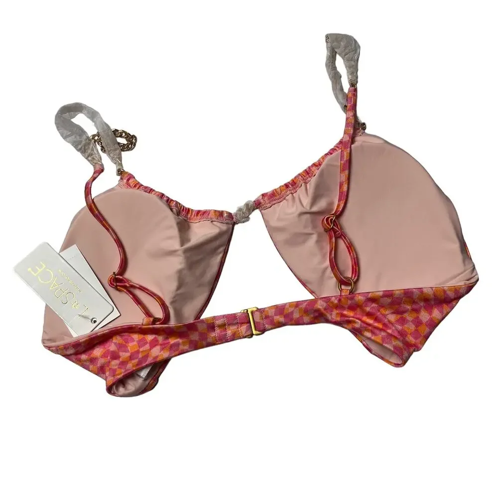 L*SPACE Sammie Bikini Top Heat Waves Pink Abstract Chain Strap U Front XL NEW